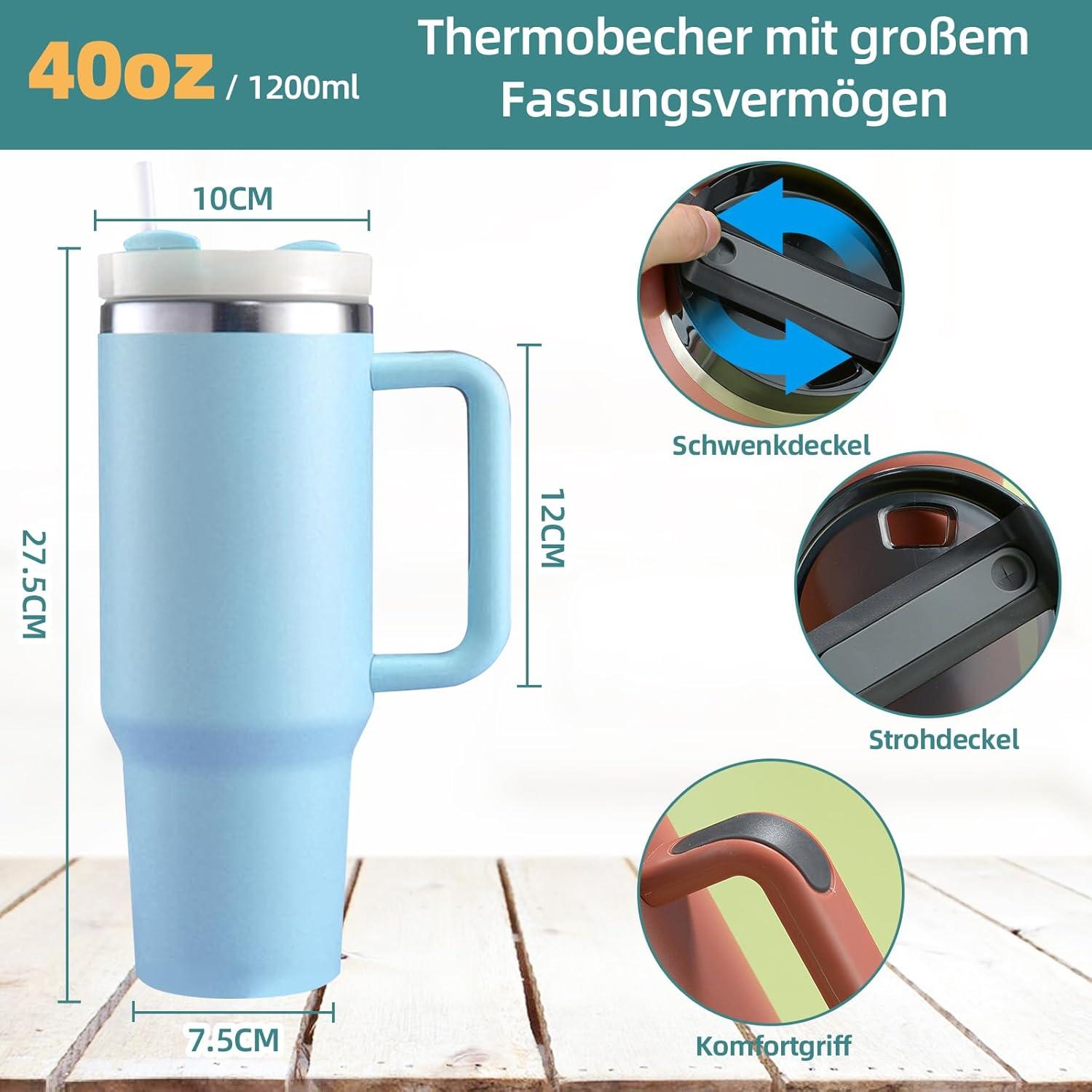 HLDGCX 40oz Thermobecher mit Strohhalm 1200ml Kaffeebecher To Go - Blau