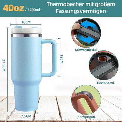 HLDGCX 40oz Thermobecher mit Strohhalm 1200ml Kaffeebecher To Go - Blau