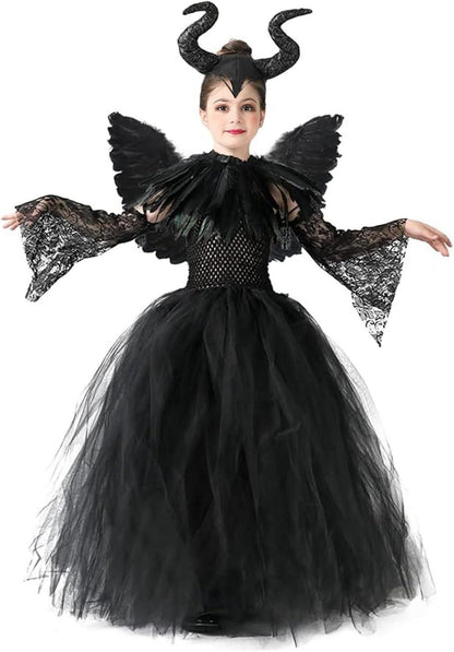 Halloween Maleficent Kostüm Set für Kinder mit Hörnern und Flügeln