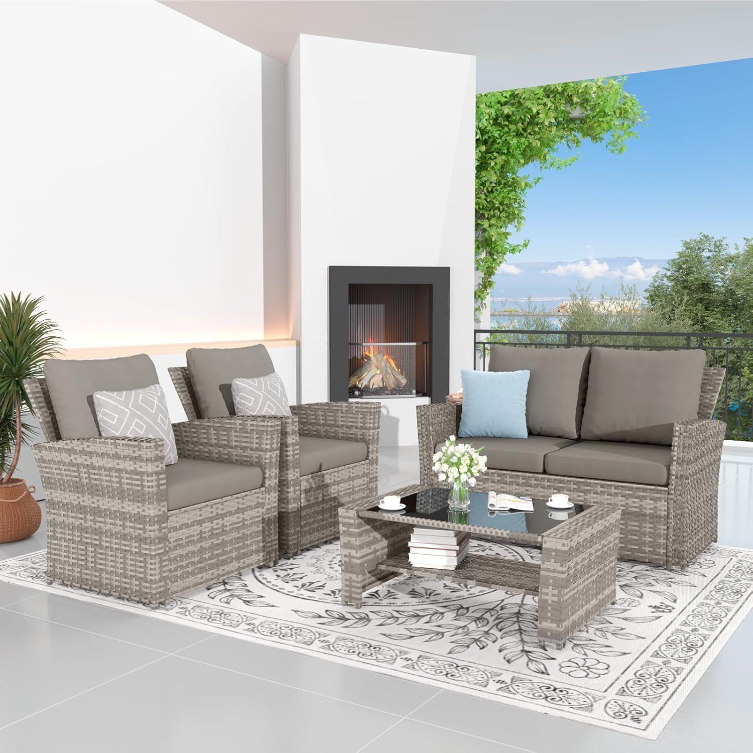 Rattan Gartenmöbel Set 4-teilig mit Kissen, Terrassenmöbel Grau