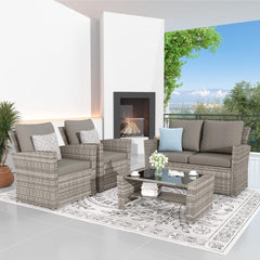 Rattan Gartenmöbel Set 4-teilig mit Kissen, Terrassenmöbel Grau