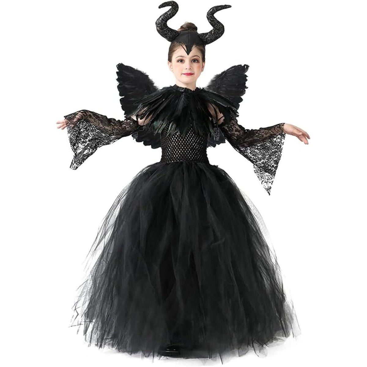 Kinder Maleficent Kostüm mit Hörnern, Flügeln und Umhang