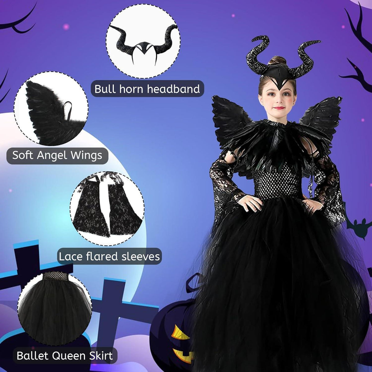 Kinder Maleficent Kostüm mit Hörnern, Flügeln und Umhang