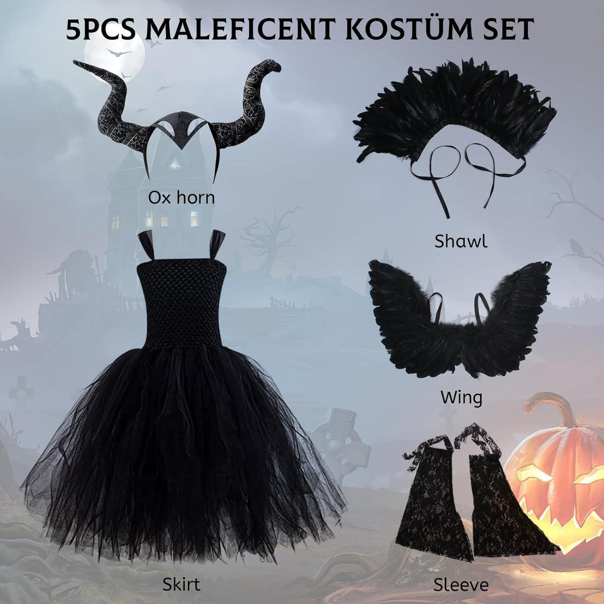 Kinder Maleficent Kostüm mit Hörnern, Flügeln und Umhang