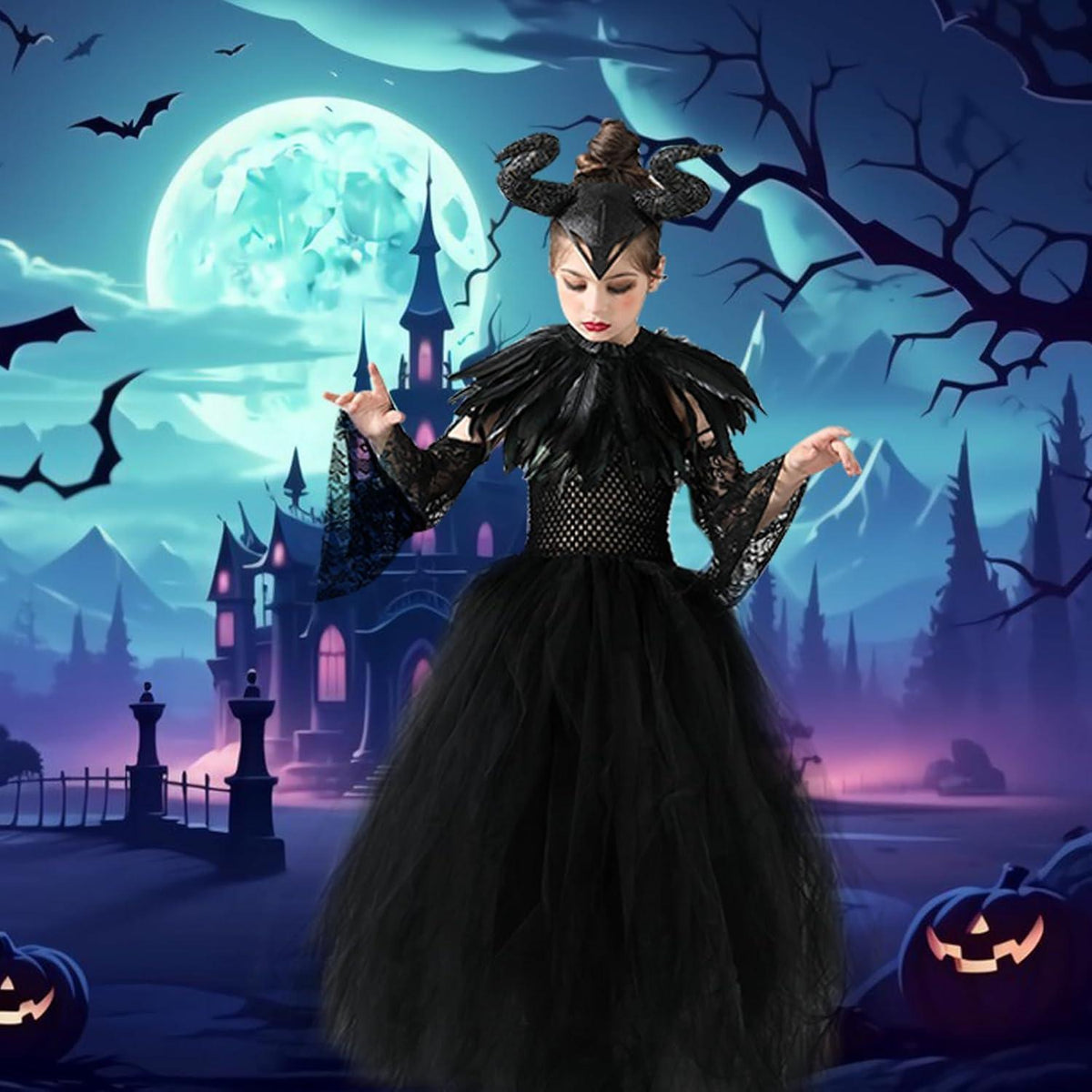 Kinder Maleficent Kostüm mit Hörnern, Flügeln und Umhang