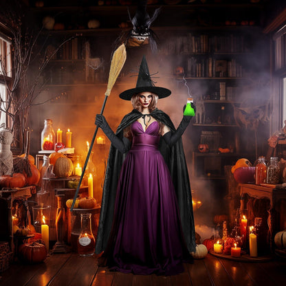 Halloween Hexenkostüm Damen Hexenhut Umhang Besen Handschuhe Trankflasche