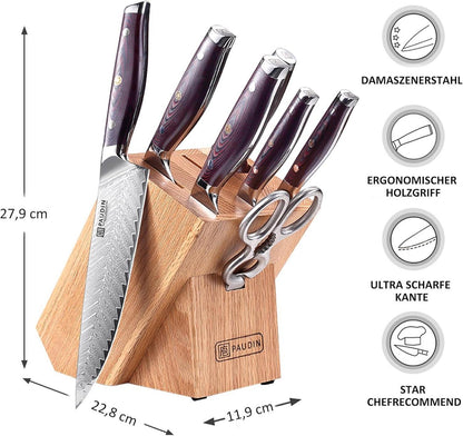 Damast Messerblockset 8-teilig Holzgriff Kochmesser Set Santoku Brot