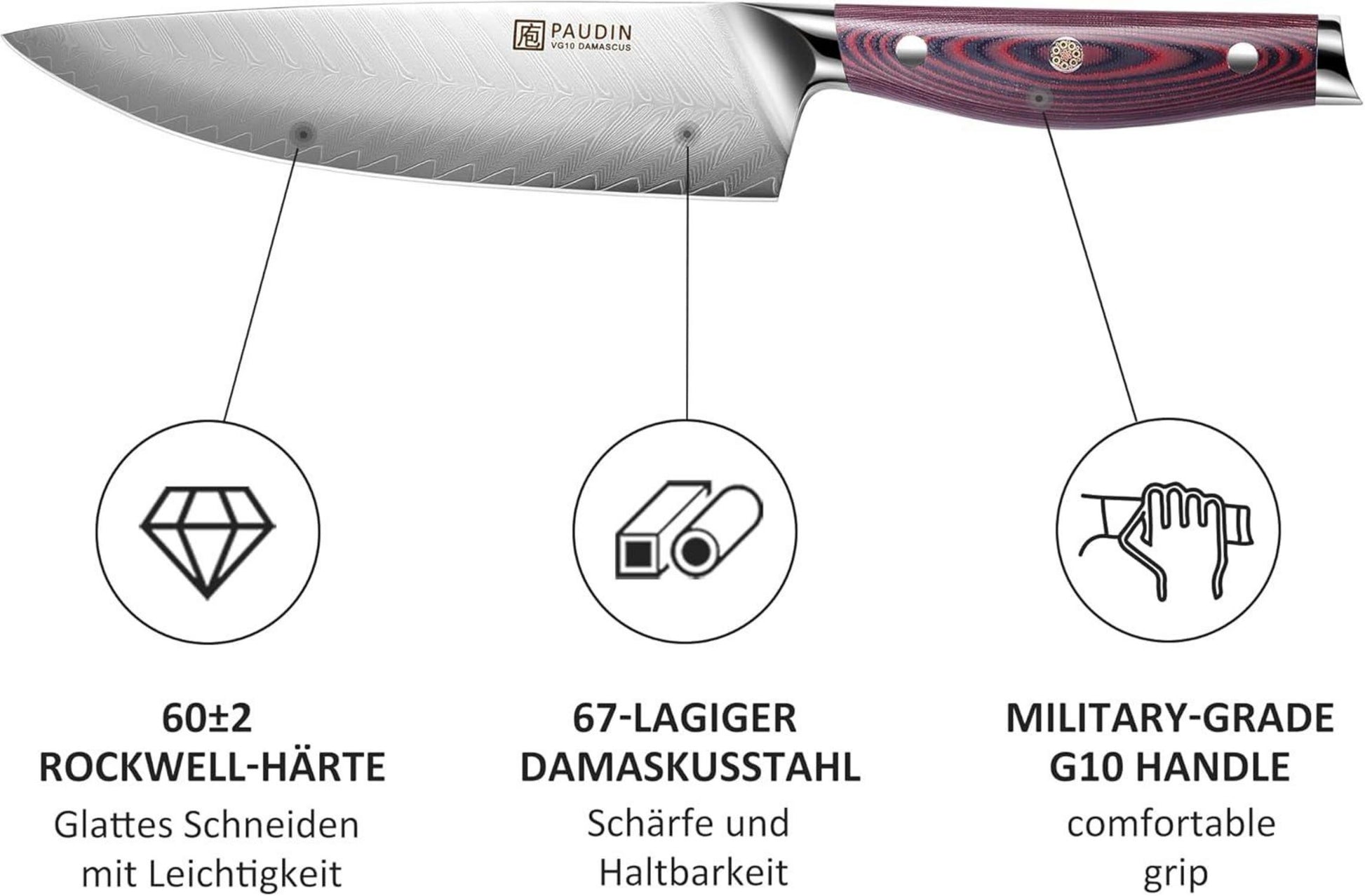 PAUDIN Damast Messerblockset 8-teilig mit Holzgriff Küchenmesser Set