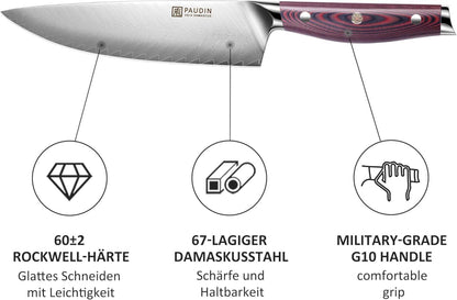 PAUDIN Damast Messerblockset 8-teilig mit Holzgriff Küchenmesser Set