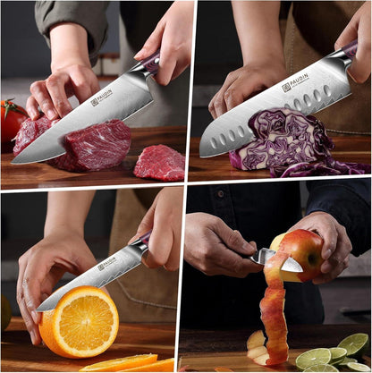 PAUDIN 8-teilig Damast Messer Set Holzgriff Küchenmesser Block Set