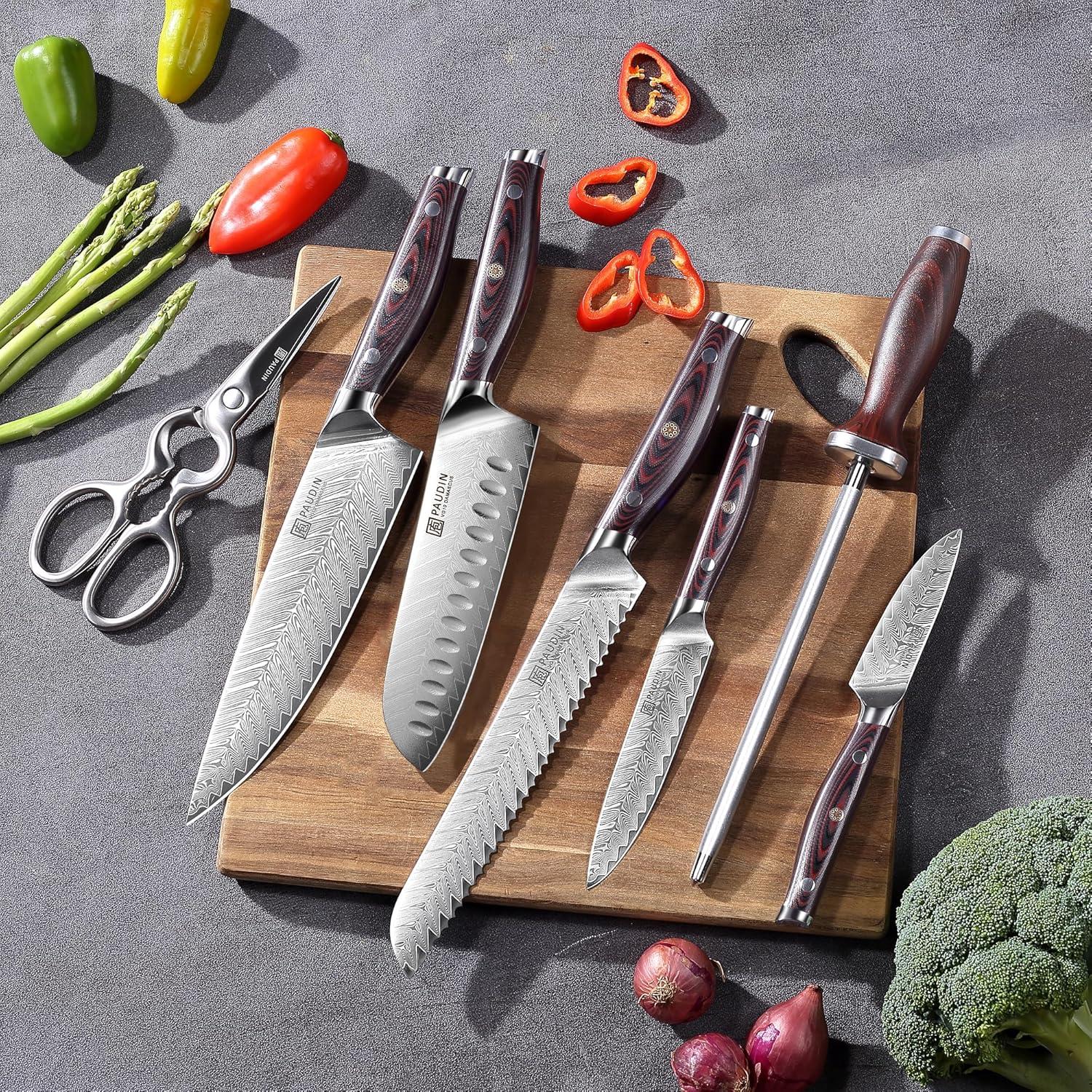 PAUDIN 8-teilig Damast Messer Set Holzgriff Küchenmesser Block Set