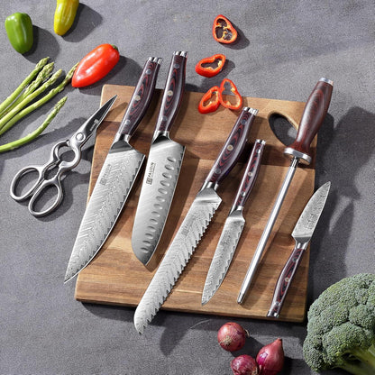PAUDIN 8-teilig Damast Messer Set Holzgriff Küchenmesser Block Set