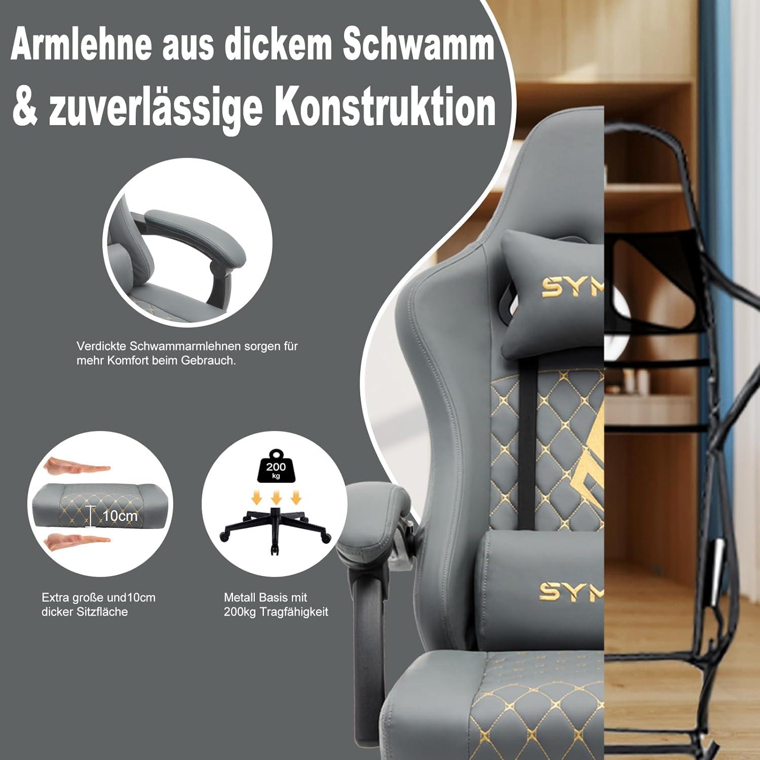 Symino Gaming Stuhl Racing Style 200kg Belastbarkeit Fußstütze Grau Leder