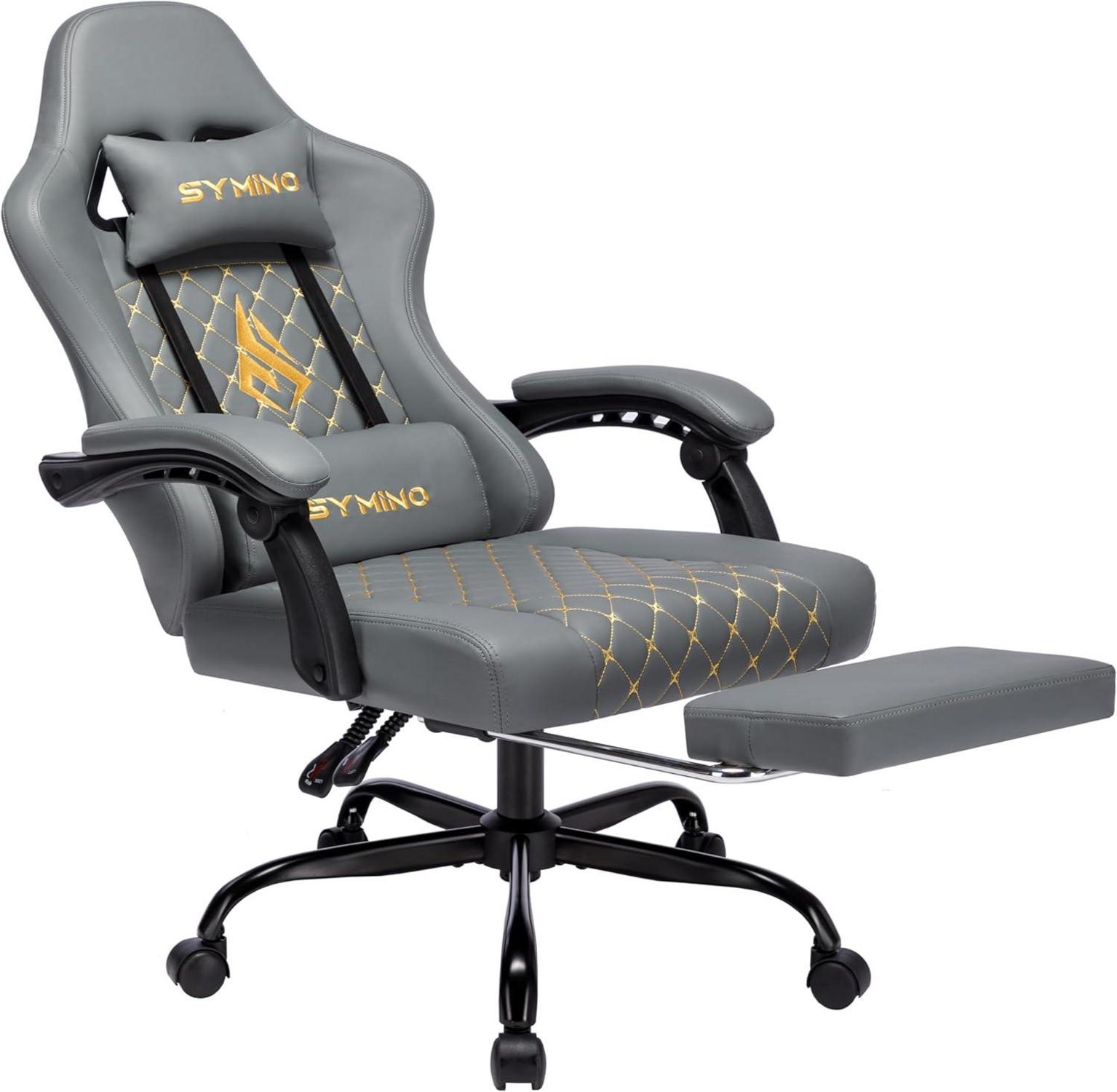 Symino Gaming Stuhl Racing Style 200kg Belastbarkeit Fußstütze Grau Leder
