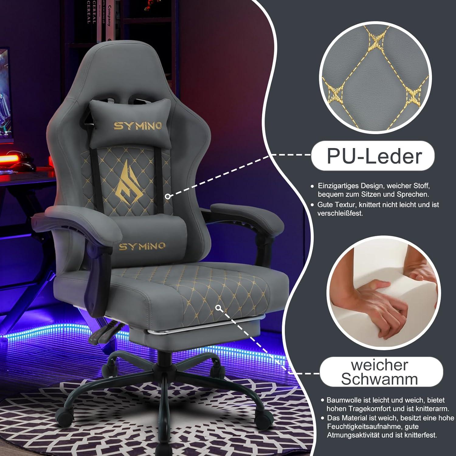 Gaming Stuhl Symino Racing Style 200 kg Belastbarkeit Vintage PU Leder Fußstütze Grau