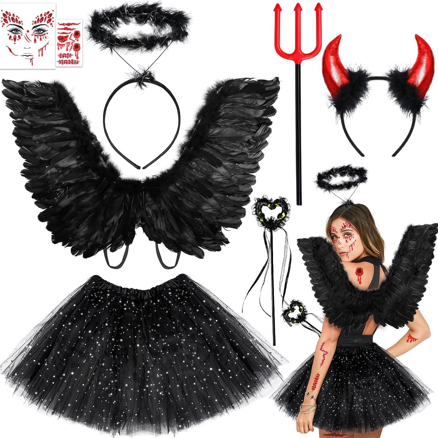 Teufel Engel Kostüm Schwarz Damen Mädchen Engelsflügel Tutu Rock