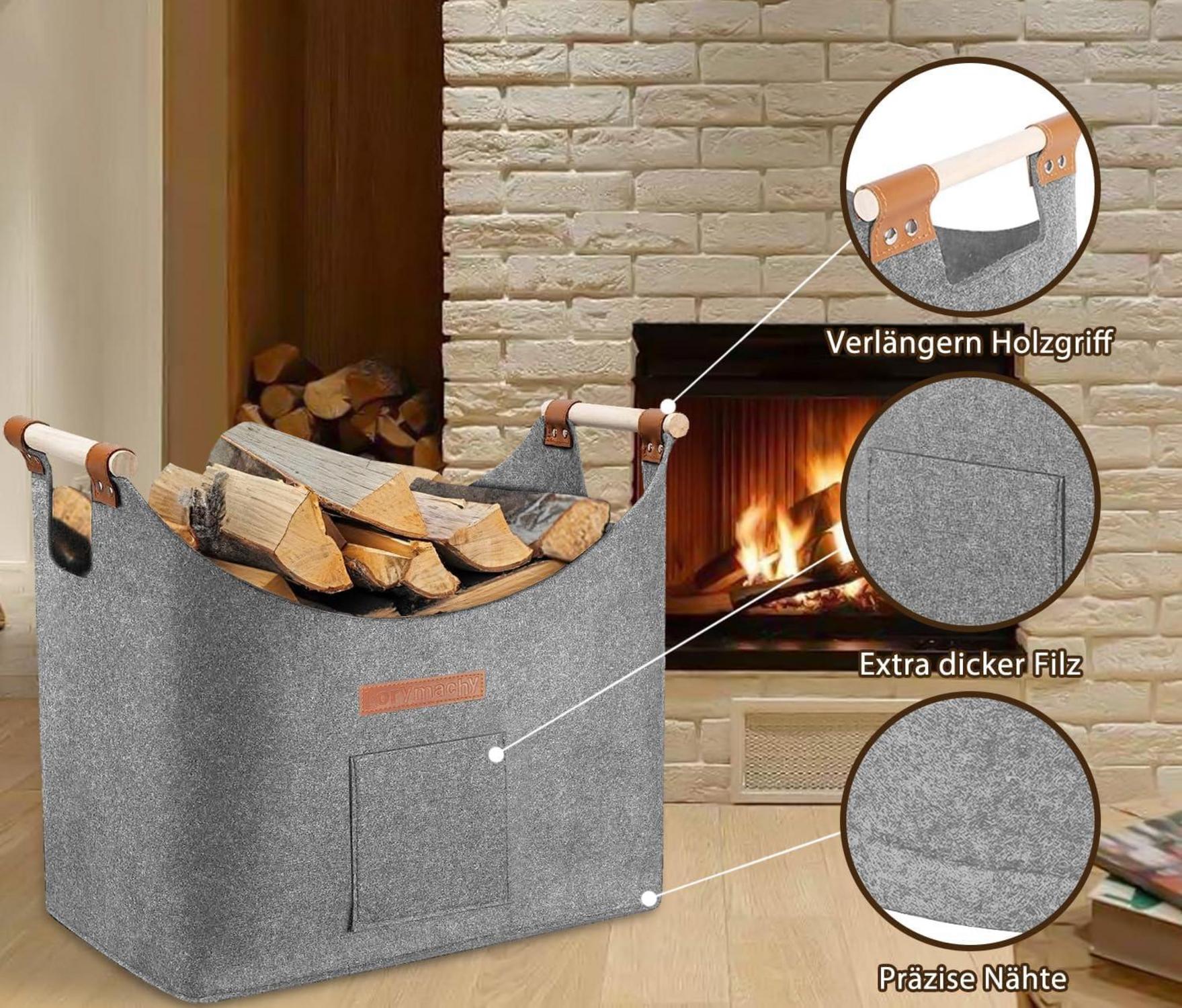 XL Holzkorb aus Filz für Kaminholz Grau 45x32x40 Feuerholzkorb Tragfähigkeit 36kg