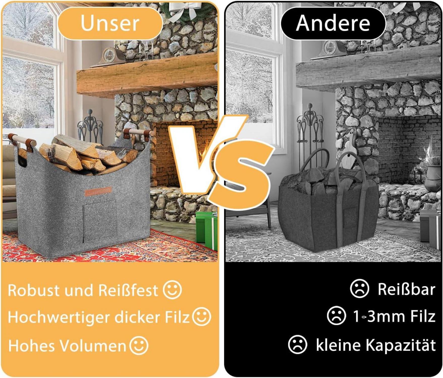 XL Filzkorb für Kaminholz Brennholzkorb Feuerholz 55L Grau