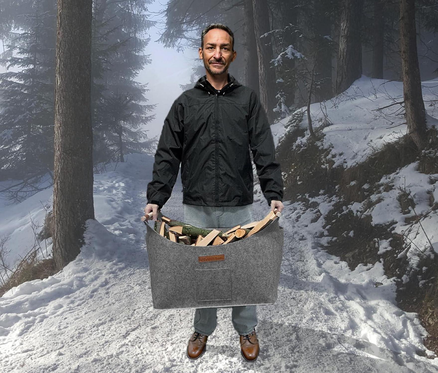 XL Filzkorb für Kaminholz Brennholzkorb Feuerholz 55L Grau
