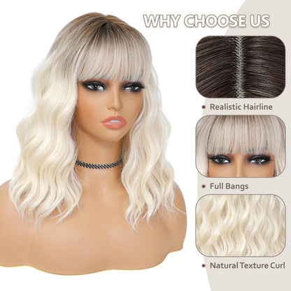Blond Ombre Bob Perücke mit Pony – 14 Zoll Synthetikhaar