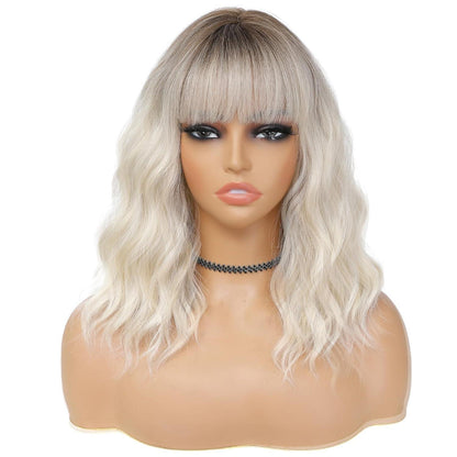 Blond Ombre Bob Perücke mit Pony – 14 Zoll Synthetikhaar