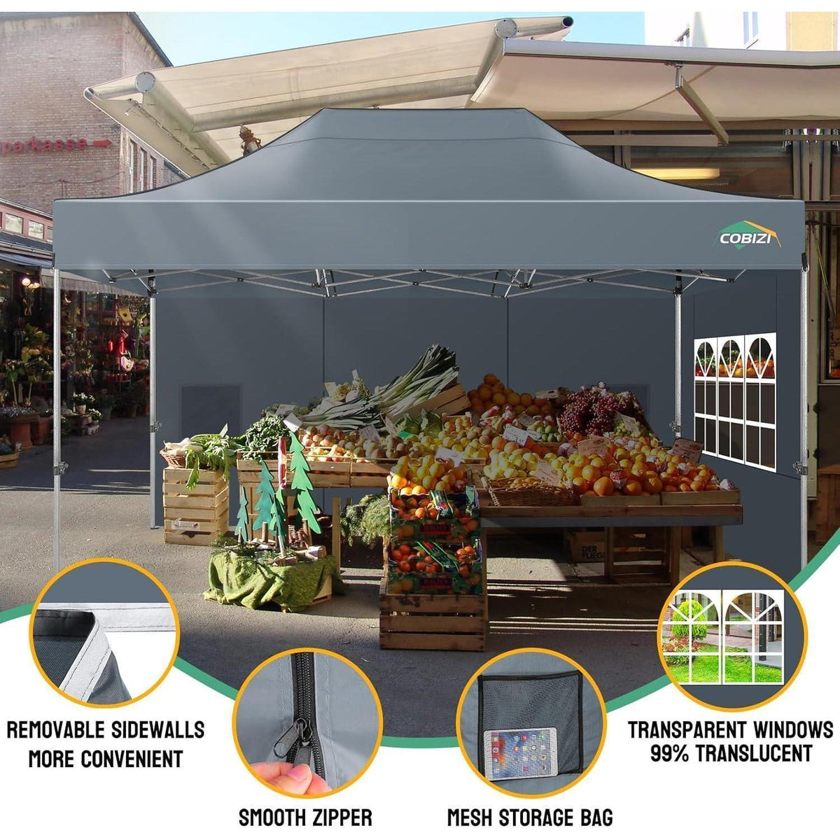 Faltpavillon 3x4.5 Wasserdicht mit Seitenteilen – Grau