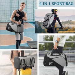 Sporttasche Rucksack 45-63L für Herren Damen, mit Schuhfach Nassfach Laptopfach, Grau