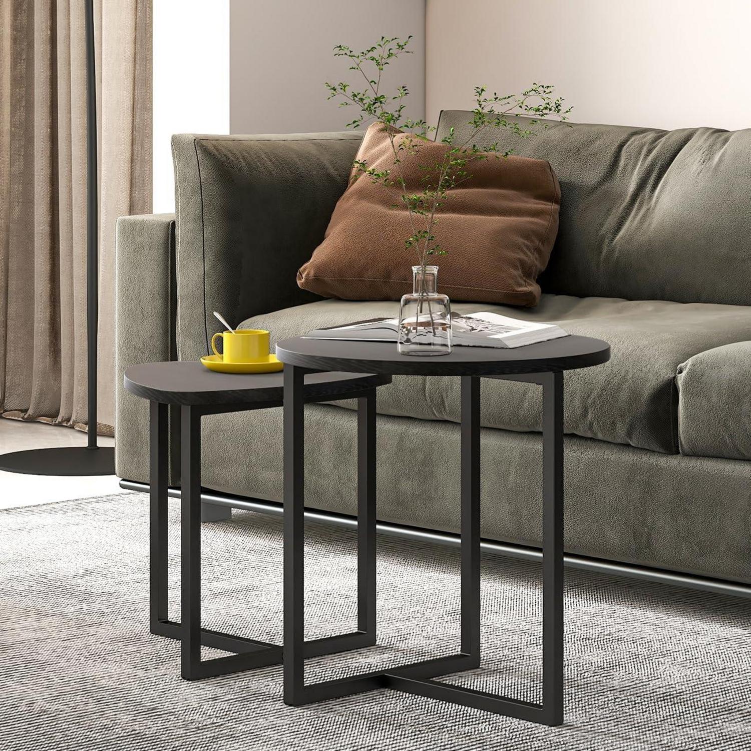Couchtisch Set 2er Rund Holz Metall Schwarz Industrial Design