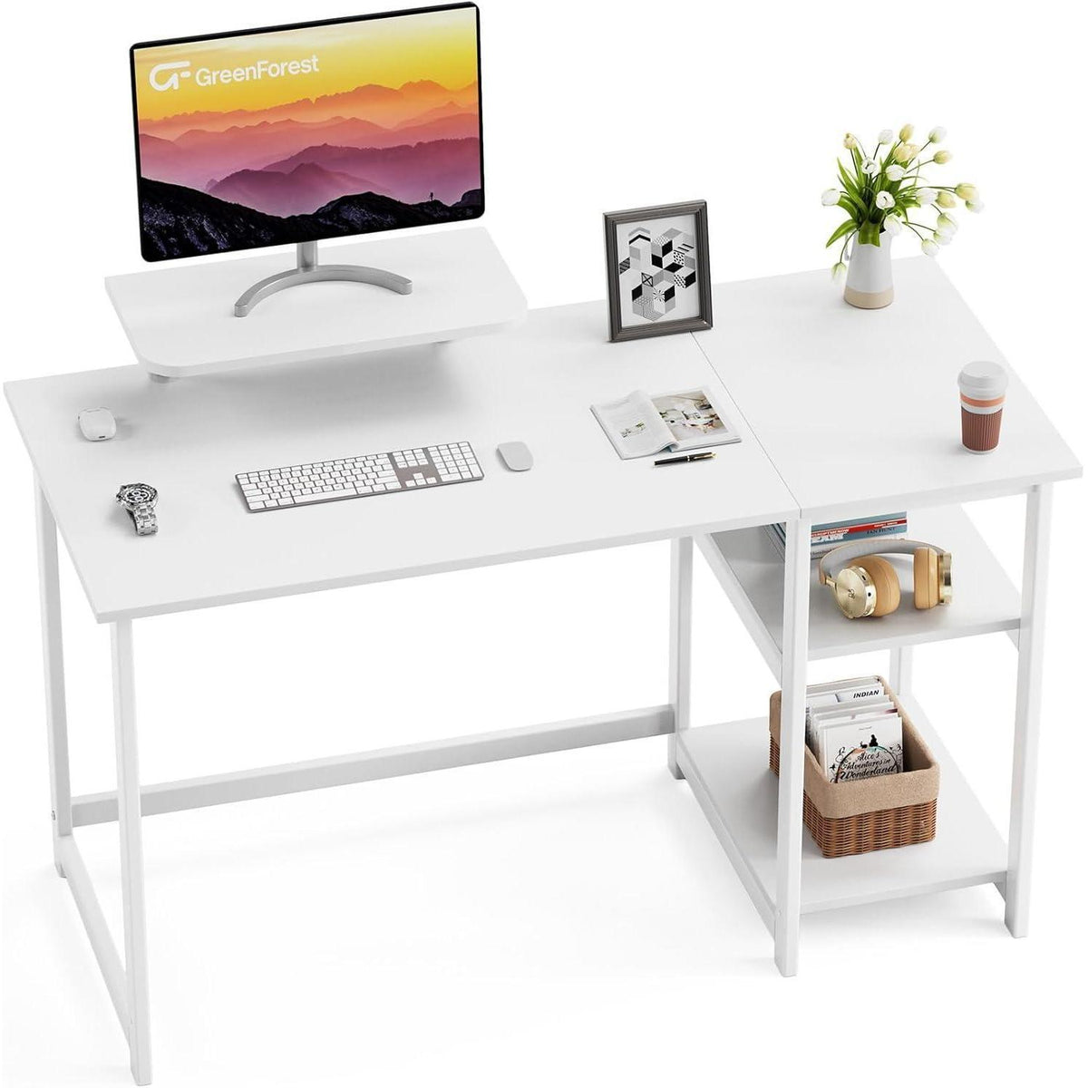 Schreibtisch mit Stauraum und Monitorständer, 120cm, Reinweiß