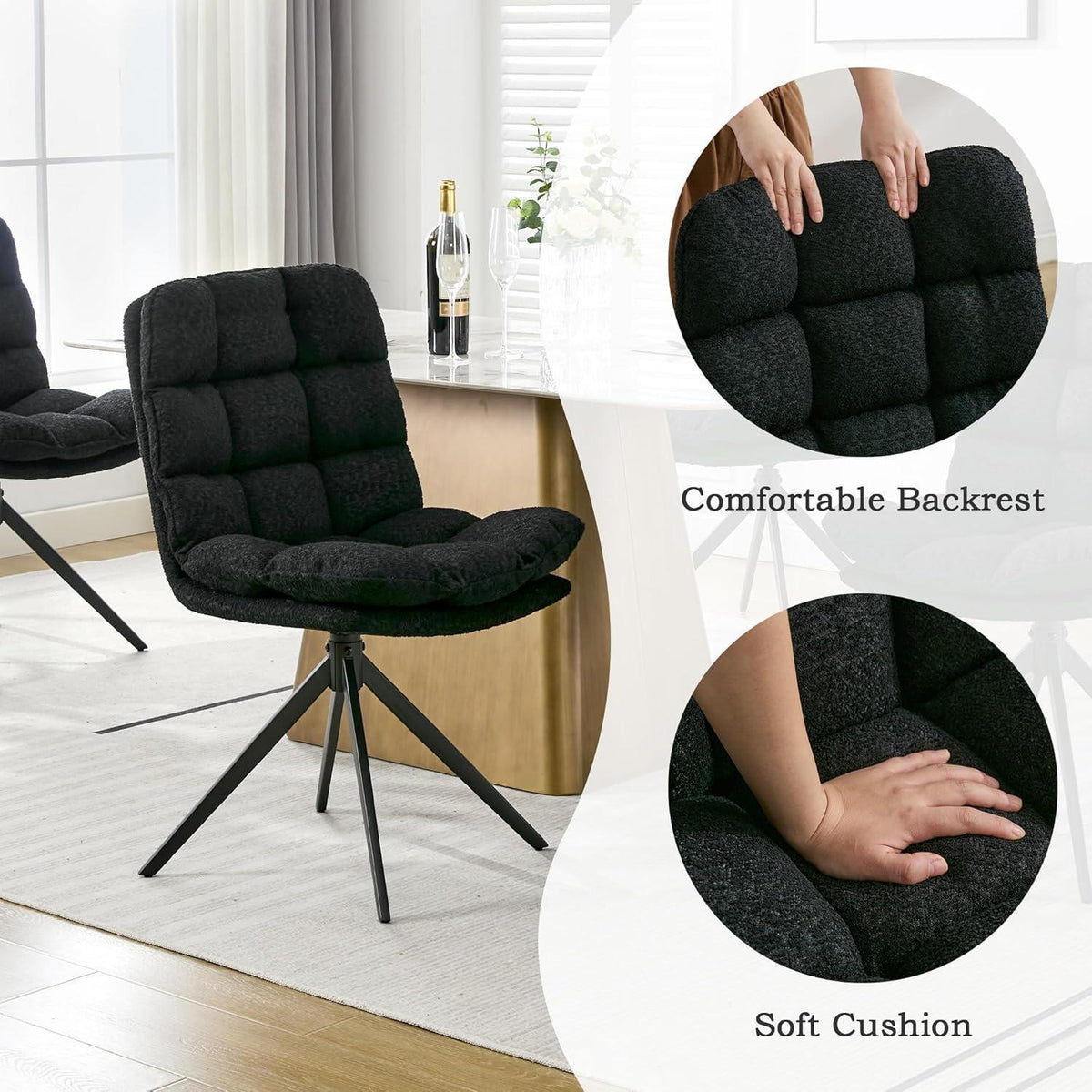 Drehbare Esszimmerstühle 2er Set mit Kissen – Schwarz