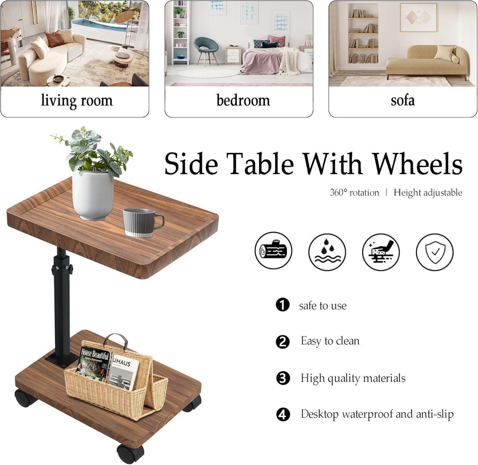 Beistelltisch Höhenverstellbar Holz C Form 360° Nussbaum Couchtisch