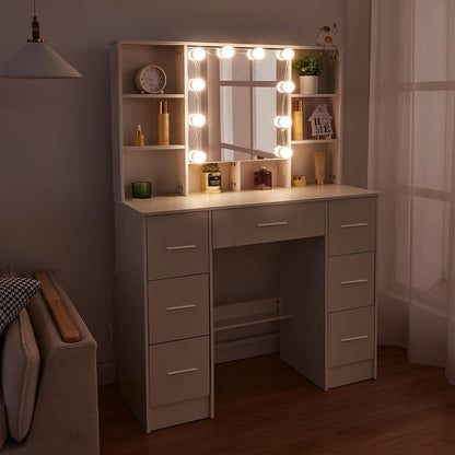 Schminktisch mit LED-Lichtern, beleuchteter Spiegel, Hocker, 7