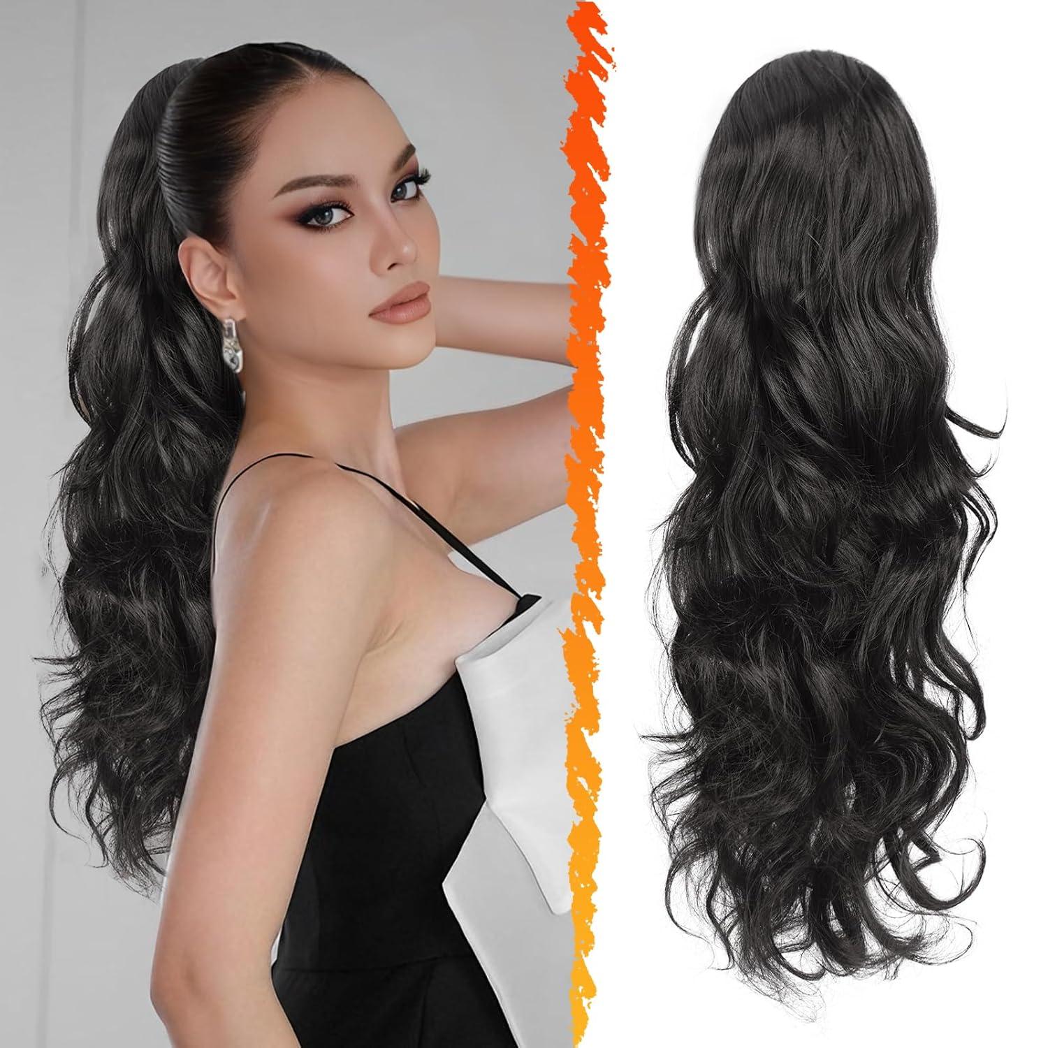 Lockiger 50cm Schwarz Braun Pferdeschwanz Extension - Kordelzug