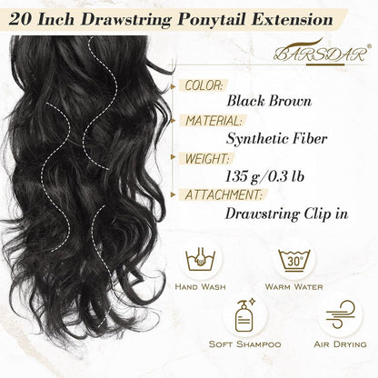 Schwarze braune Locken Pferdeschwanz Extensions 50cm