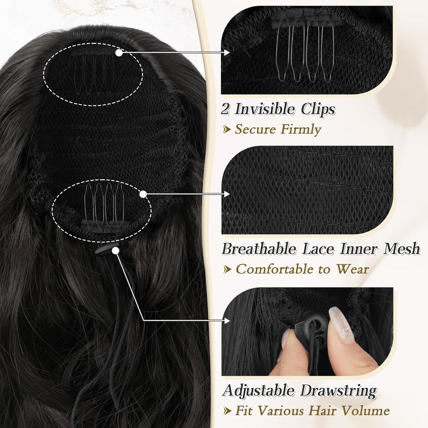 Lockiger 50cm Schwarz Braun Pferdeschwanz Extension - Kordelzug