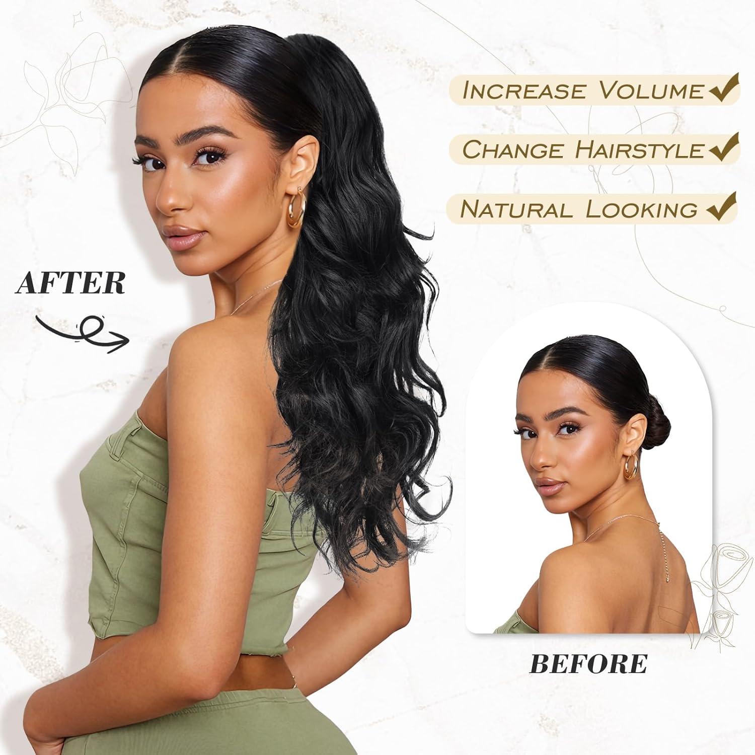 Lockiger Pferdeschwanz Extensions Schwarz Braun 50cm - Synthetik Haarverlängerung Clip in Haarteil