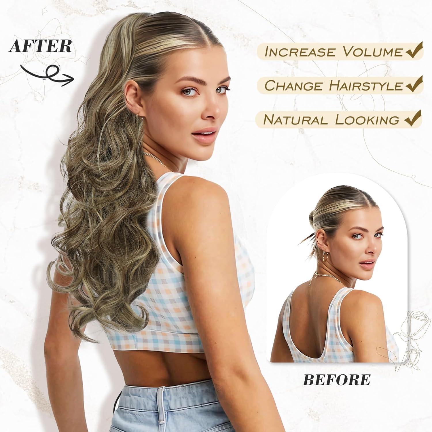 Lockige Pferdeschwanz Extension 50cm Synthetik Haarverlängerung Mittelbraun Aschblond