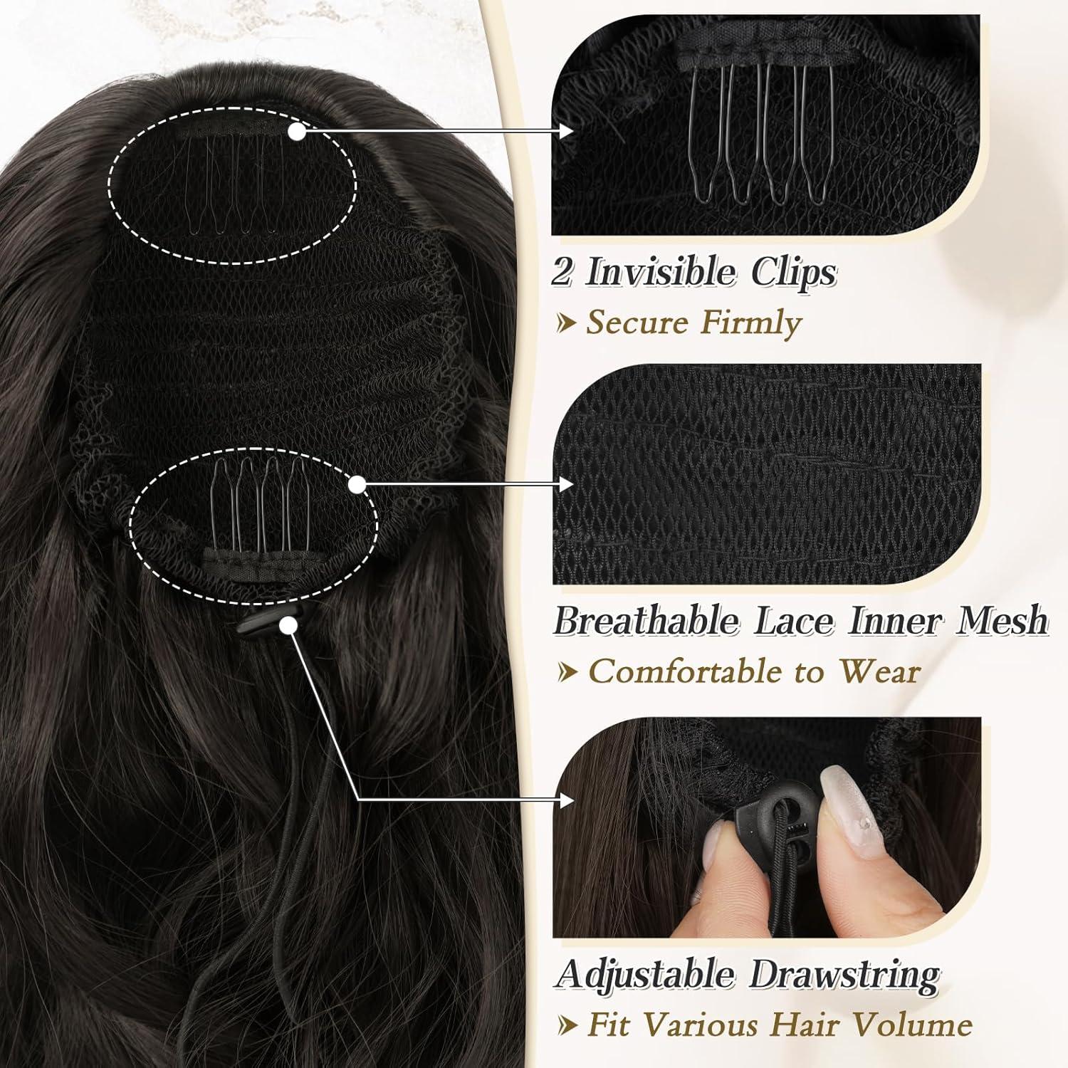 Lockige Ponytail Extension in Dunkelbraun - Synthetikhaar 50cm mit