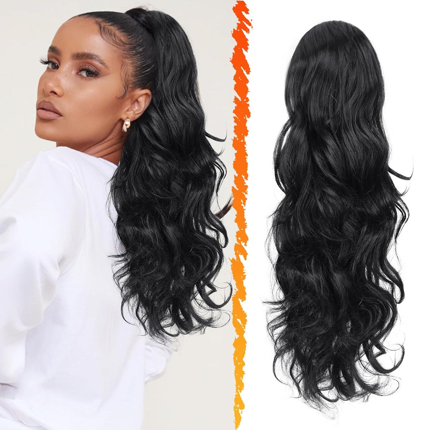 Lockiger Pferdeschwanz Extensions Haarverlängerung Schwarz 50cm mit