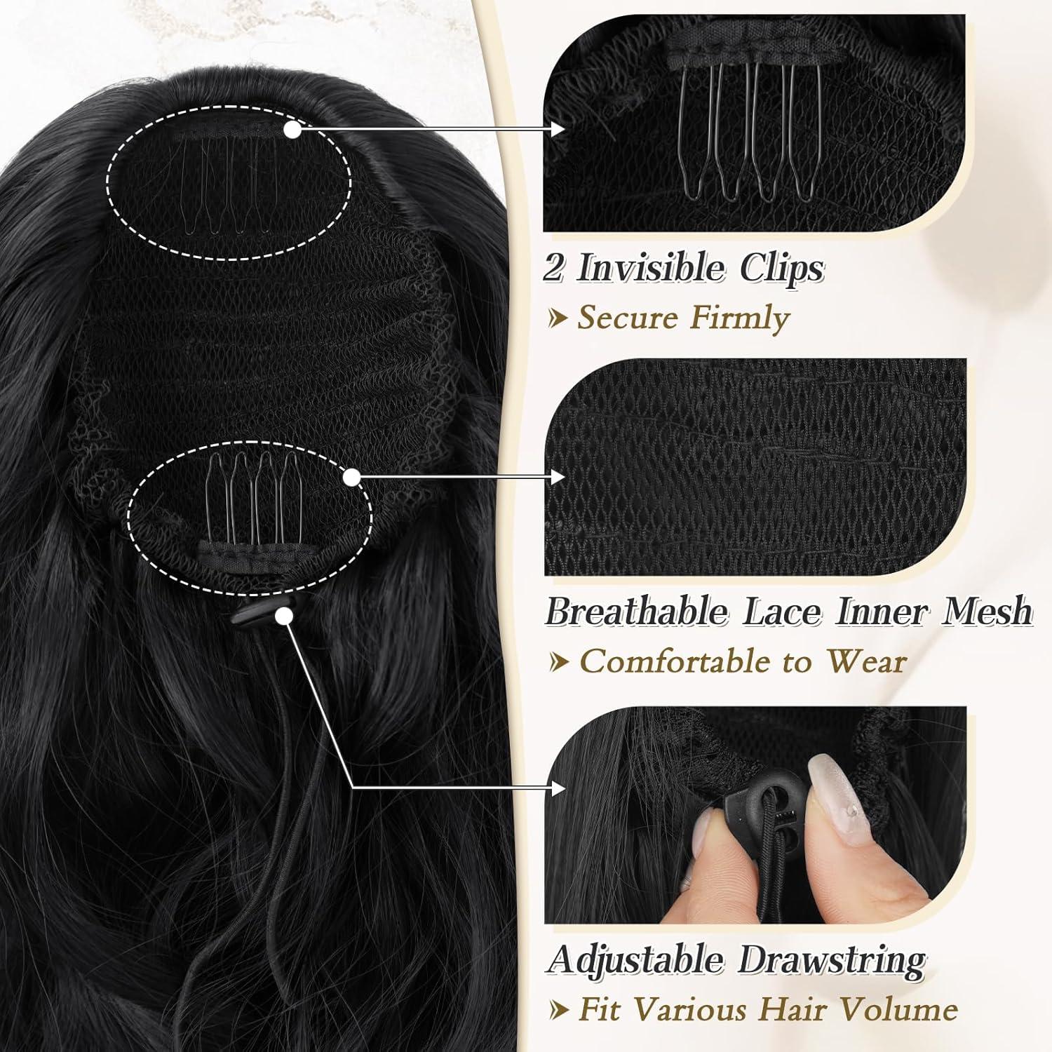 Lockiger Pferdeschwanz Extensions Haarverlängerung Schwarz 50cm mit