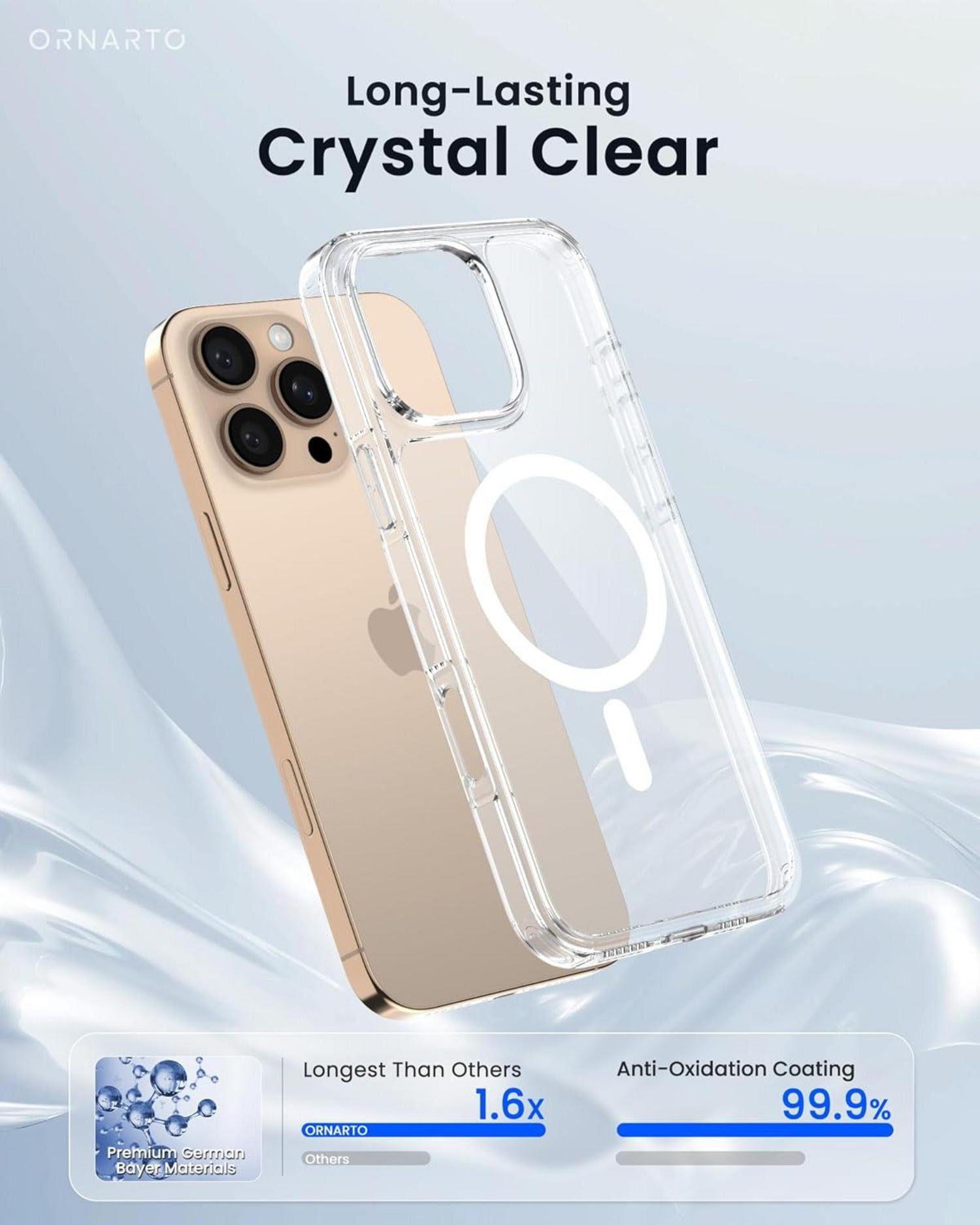 ORNARTO iPhone 16 Pro Max Hülle - MagSafe kompatibel - Verstärkte Magnetkraft - Anti-Vergilbung - DoppelAirBags - Stoßfeste Durchsichtige Case