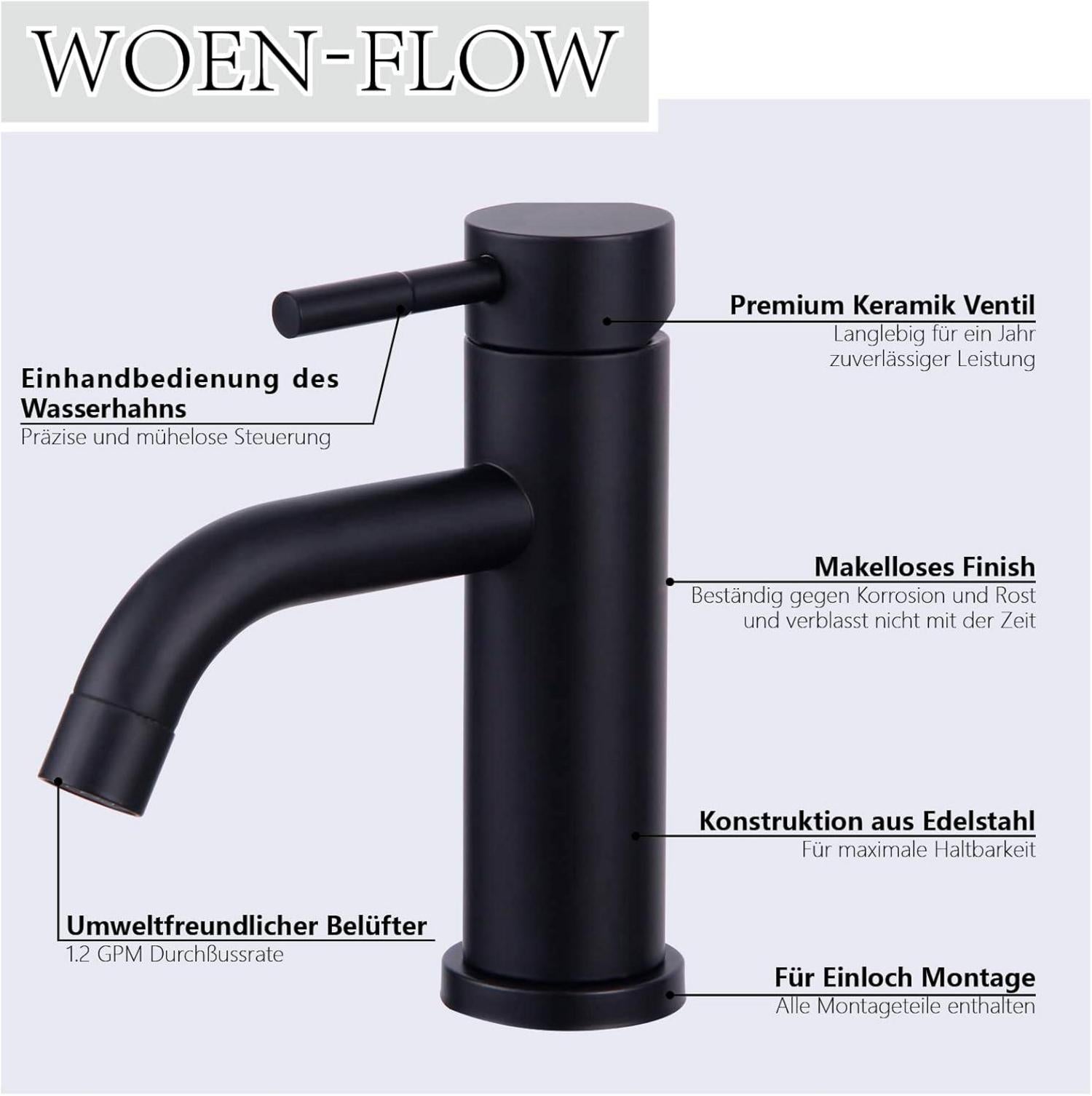 Wasserhahn Bad Einhand Schwarz Edelstahl Keramik für Waschtisch