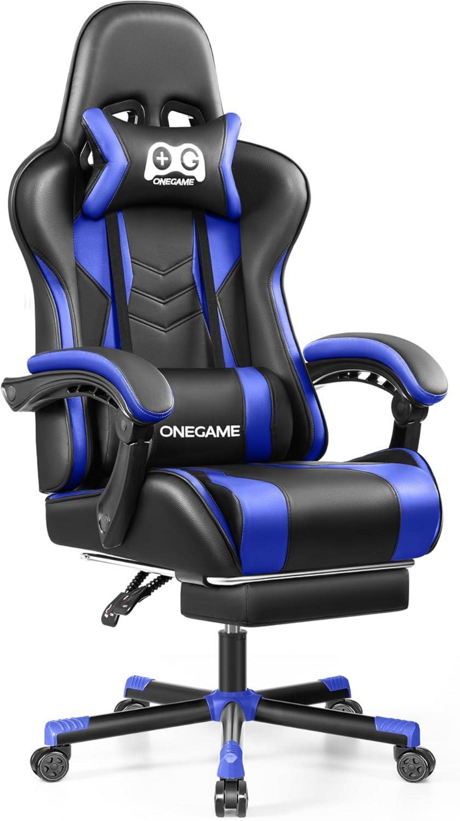 Gaming Stuhl mit Fußstütze und hoher Rückenlehne in Schwarz-Blau