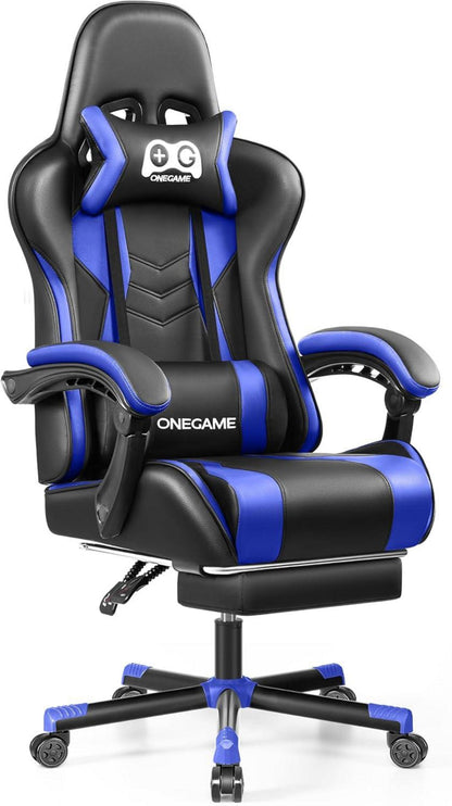 Gaming Stuhl mit Fußstütze und hoher Rückenlehne in Schwarz-Blau