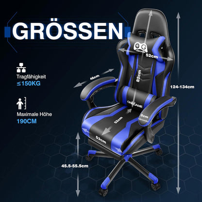 Gaming Stuhl mit Fußstütze und hoher Rückenlehne in Schwarz-Blau