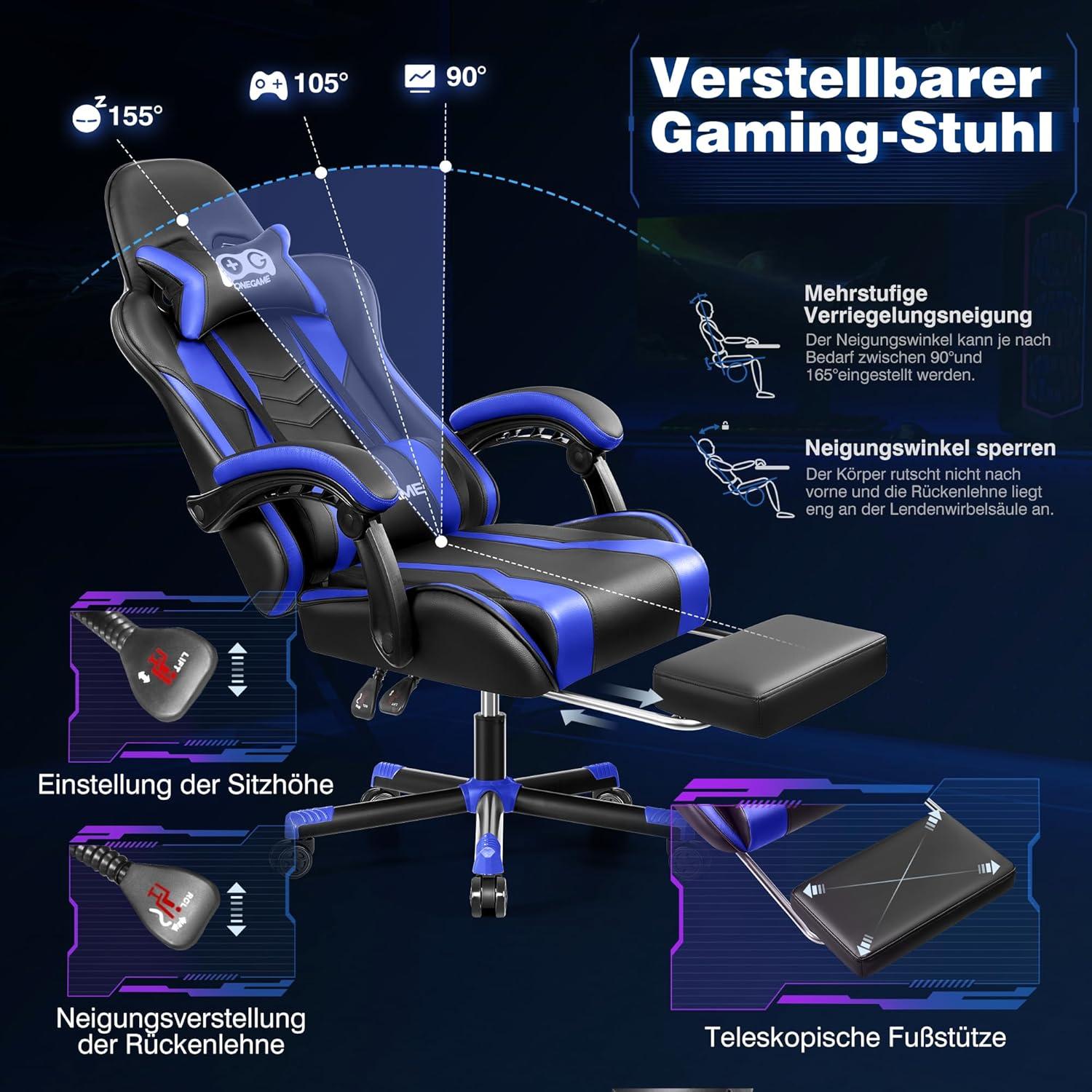 OneGame Gaming Stuhl mit Fußstütze und hoher Rückenlehne in Schwarz-Blau