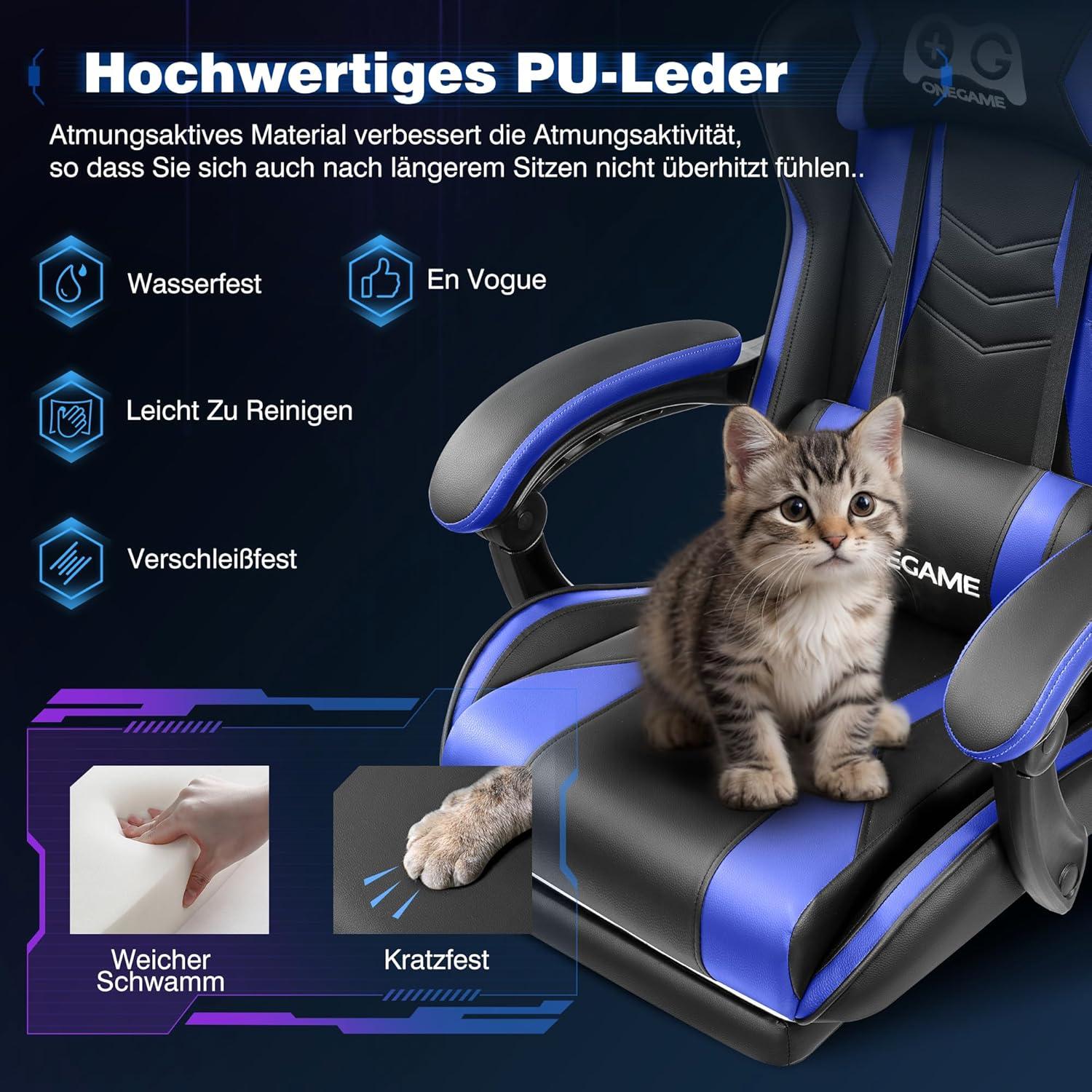 Gaming Stuhl mit Fußstütze hohe Rückenlehne PU-Leder Schwarz-Blau