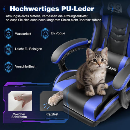 Gaming Stuhl mit Fußstütze hohe Rückenlehne PU-Leder Schwarz-Blau