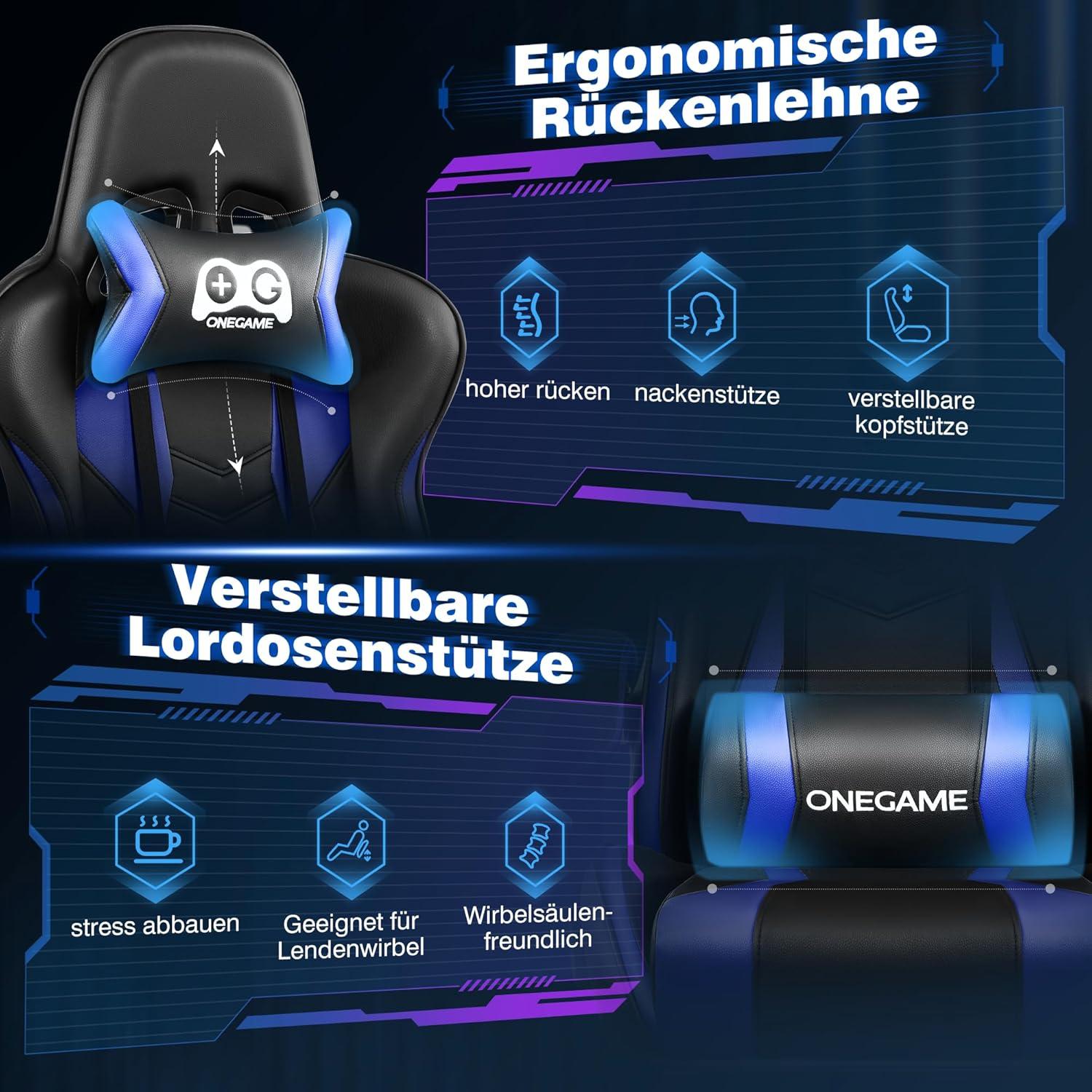 Gaming Stuhl mit Fußstütze hohe Rückenlehne PU-Leder Schwarz-Blau