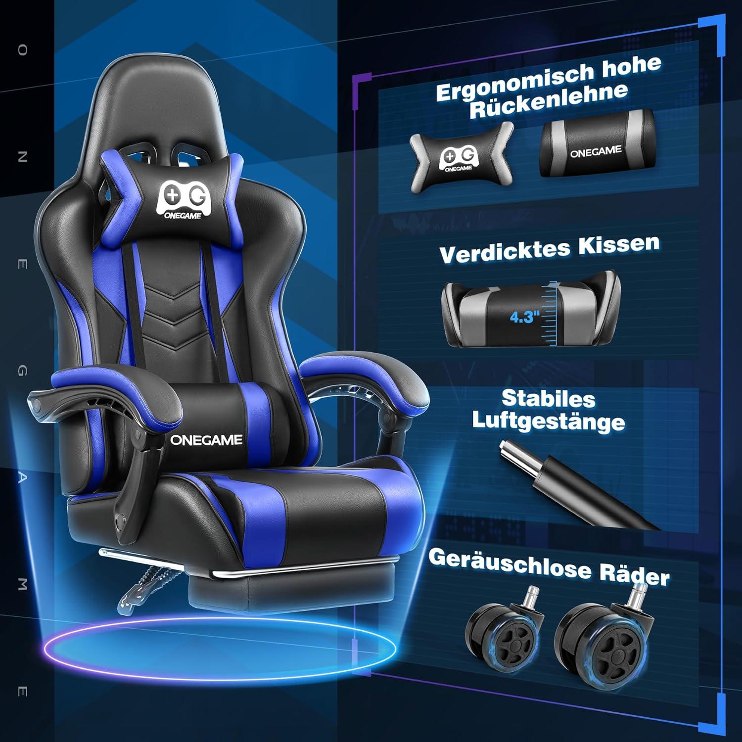 OneGame Gaming Stuhl mit Fußstütze und hoher Rückenlehne in Schwarz-Blau